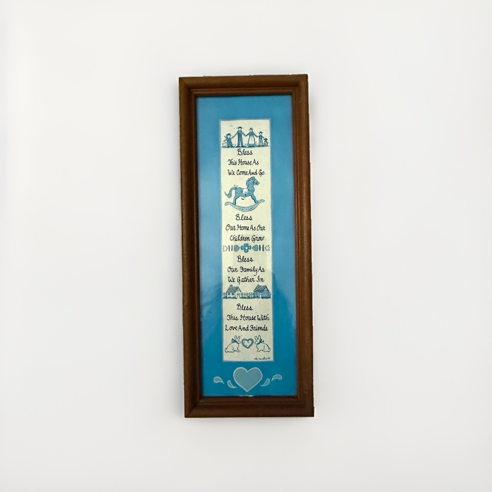 Vintage Bless this Home Poem Wooden Wall Picture Frame Blue Mat 4x18 Portrait